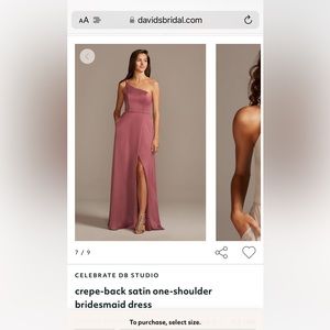 David’s Bridal bridesmaids dress, crepe-back satin one-shoulder, Chianti,